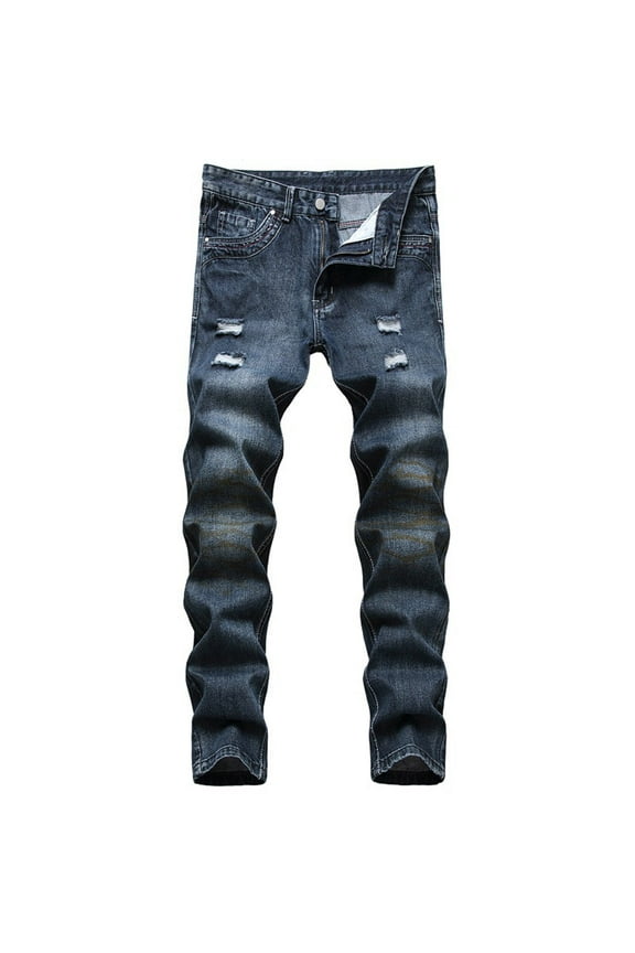 Men's Fashionable Comfortable Ripped Skinny Slim Fit Stretch Distressed Jeans with Pockets Blue XS(29)
