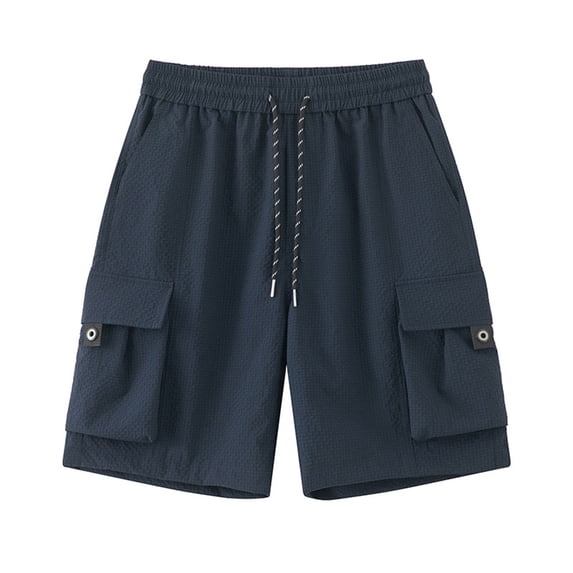Fengqque Men's Fashionable Loose Casual Elastic Waist Drawstring Cargo Elastic Shorts with Multi-pocket Navy L(L)