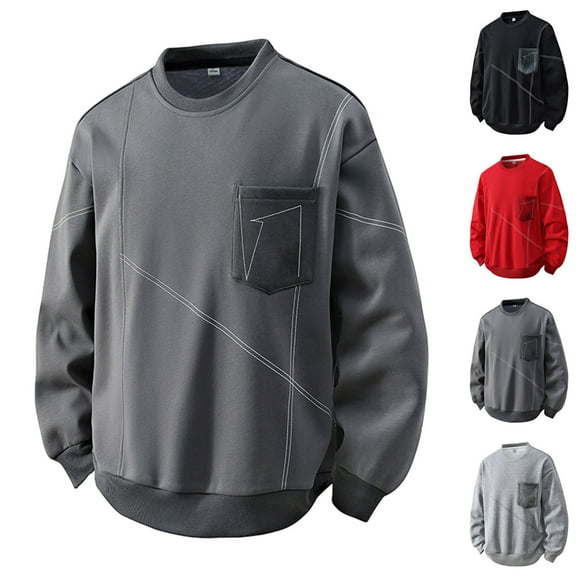 Fengqque Men's Fashionable and Comfortable Crewneck Sweatshirt Solid Color Soft Long Sleeve Pullover Shirt Red XL(XL)