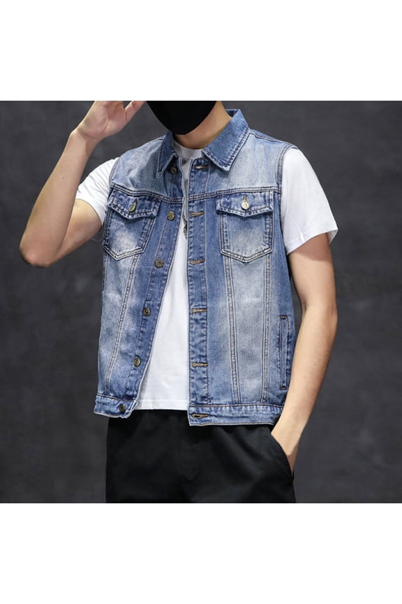 Men's Fashionable and Comfortable Denim Sleeveless Lapel Vest Jean Jacket Stretchy Battle Vest Blue XXL(XXL)