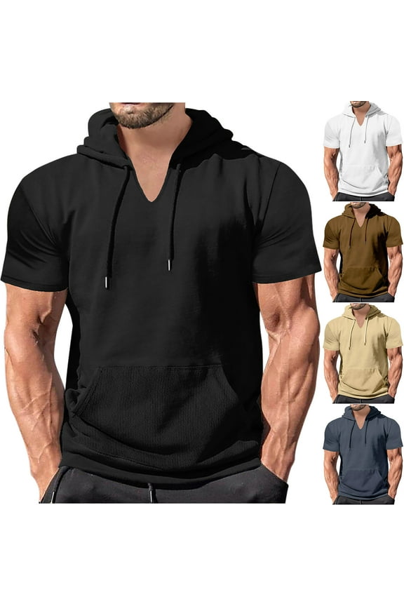 Men's Fashionable and Comfortable Drawstring Hooded Short Sleeved V-neck Top Pullover White 8(XL)