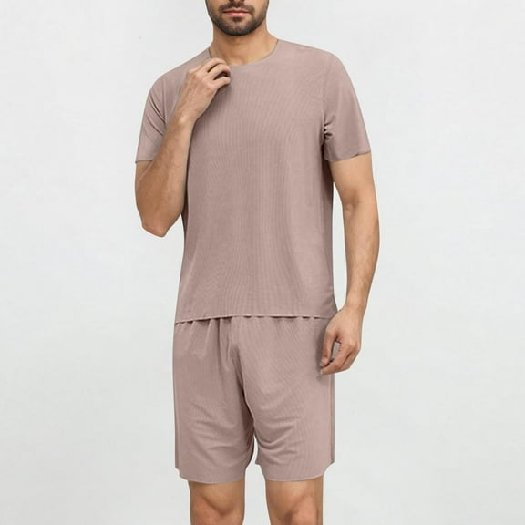 Fengqque Men's Fashionable and Comfortable Home Sleepwear Set Round Neck T-shirt and Shorts Set Brown L(L)