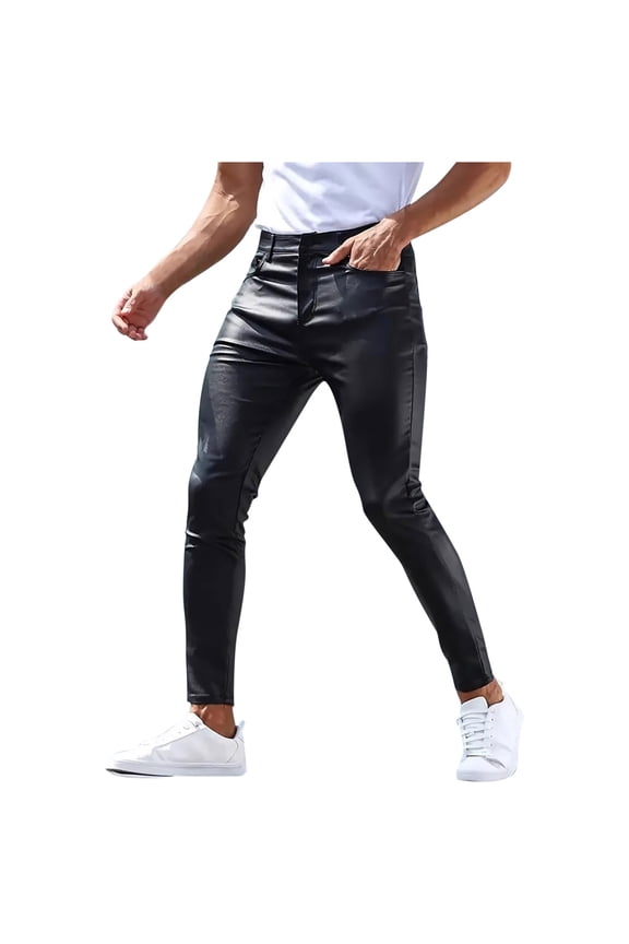 Men's Fashionable and Comfortable Outdoor Casual Fashion Solid Color Slimming Tight-fitting Leather Pants Black XXL(XXL)