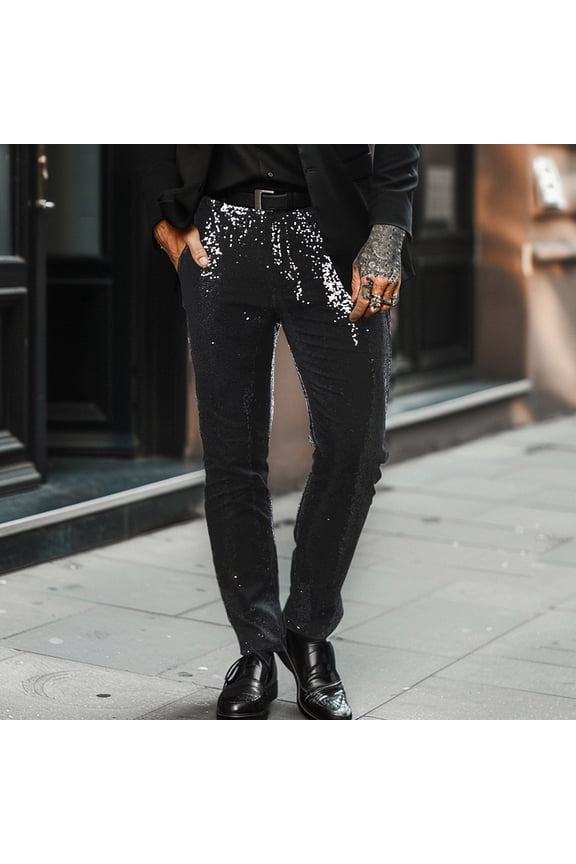 Men's Fashionable and Comfortable Shining Piece Western Pants Casual Pants Performance Banquet Trousers Black 6(M)