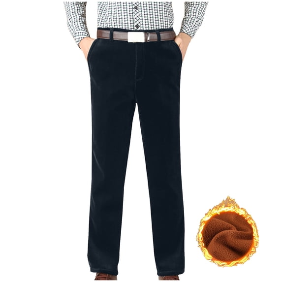 Fengqque Men's Fashionable and Comfortable Solid Color Straight Tube Velvet High Waisted Zipper Pocket Corduroy Pants Dark Blue L