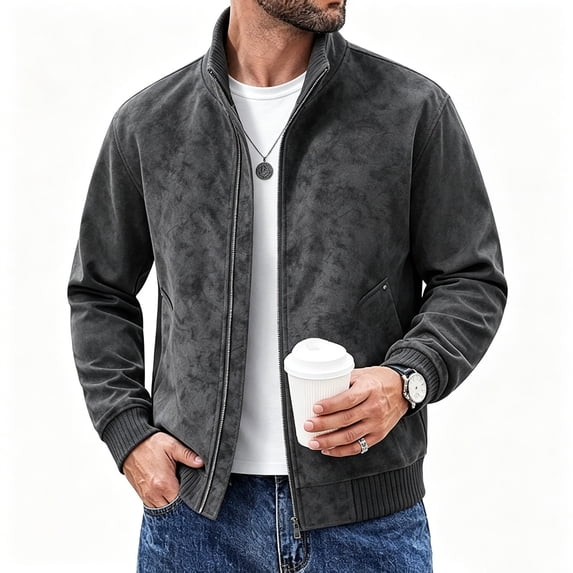 Fengqque Men's Faux Suede Stand Collar Bomber Jacket Full‑Zip Loose Fit Casual Coat Black L