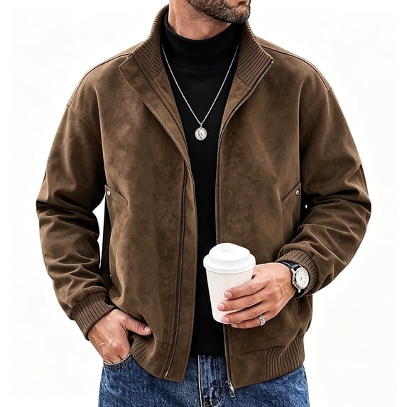 Fengqque Men's Faux Suede Stand Collar Bomber Jacket Full‑Zip Loose Fit Casual Coat Coffee L