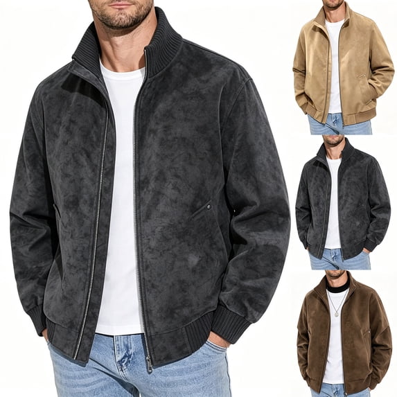Fengqque Men's Faux Suede Stand Collar Bomber Jacket Full‑Zip Loose Fit Casual Coat Khaki XL
