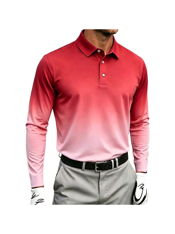Men's Gradient Print Long Sleeve Polo Shirt Turndown Collar Button Placket Casual Athletic Top Quick Dry Breathable Sport Shirt Watermelon Red 5XL