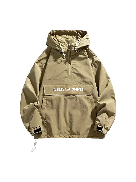 Men's Half‑Zip Drawstring Hooded Anorak Jacket, Loose Fit Long Sleeve Cargo Windbreaker with Front Kangaroo Pocket Green 3XL