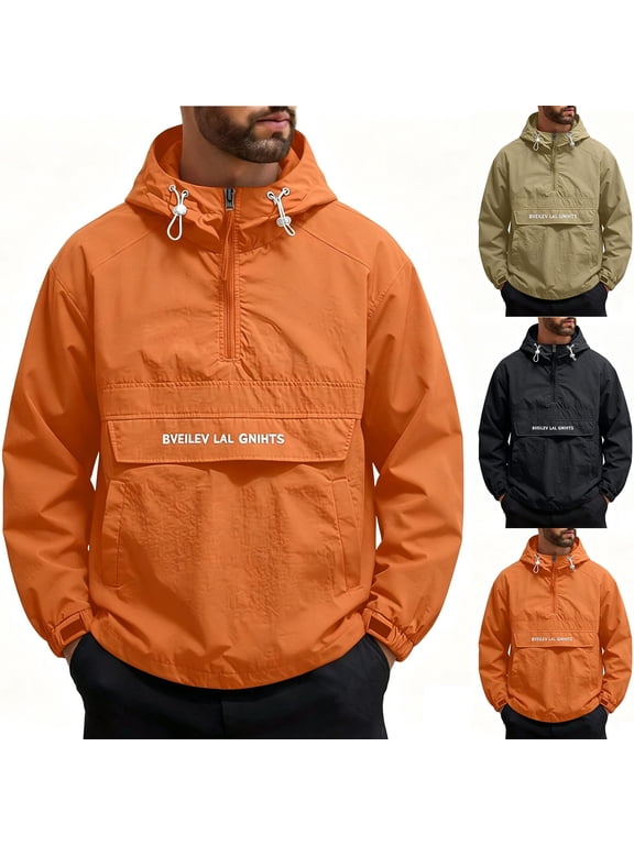 Men's Half‑Zip Drawstring Hooded Anorak Jacket, Loose Fit Long Sleeve Cargo Windbreaker with Front Kangaroo Pocket Orange XL