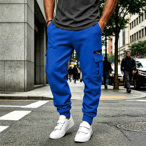 Fengqque Men's Heavyweight Fleece Cargo Sweatpants Baggy Drawstring Elastic Waist Jogger Pants with Multi Pockets Blue S