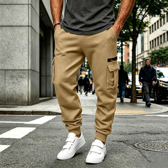 Fengqque Men's Heavyweight Fleece Cargo Sweatpants Baggy Drawstring Elastic Waist Jogger Pants with Multi Pockets Khaki M