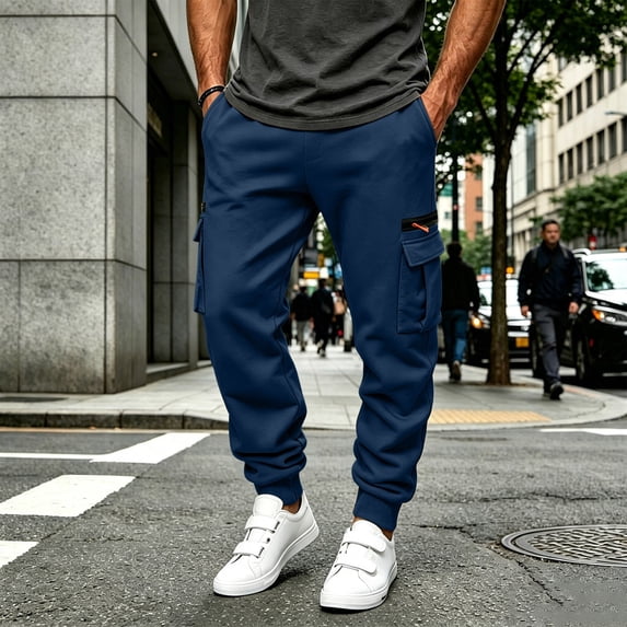 Fengqque Men's Heavyweight Fleece Cargo Sweatpants Baggy Drawstring Elastic Waist Jogger Pants with Multi Pockets Navy XL