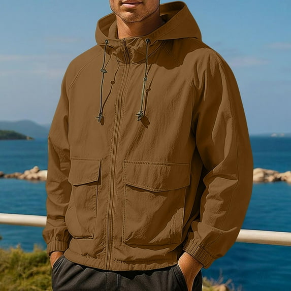 Fengqque Men's Hooded Casual Pocket Zipper Long Sleeved Jacket Solid Color Outdoor Daily Wear Lightweight Outerwear Coffee XXL(XXL)