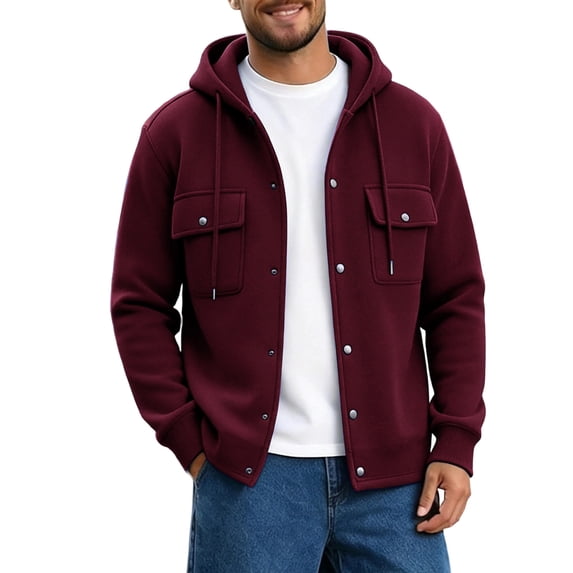 Fengqque Men's Hooded Color‑Block Jacket Drawstring Full Zip Long Sleeve Casual Outerwear with Chest Pockets Wine M