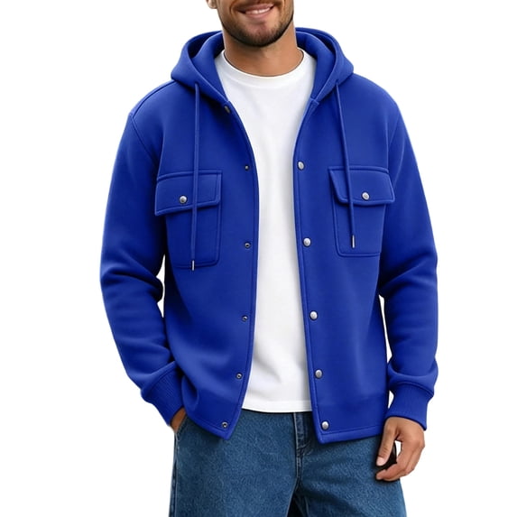 Fengqque Men's Hooded Color‑Block Jacket Drawstring Full Zip Long Sleeve Casual Outerwear with Chest Pockets Blue 2XL