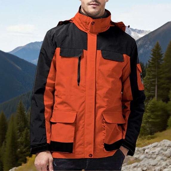 Fengqque Men's Hooded Windproof Water Resistant Rain Jacket Windbreaker Pockets for Hiking Fishing Travel Orange XS(XS)