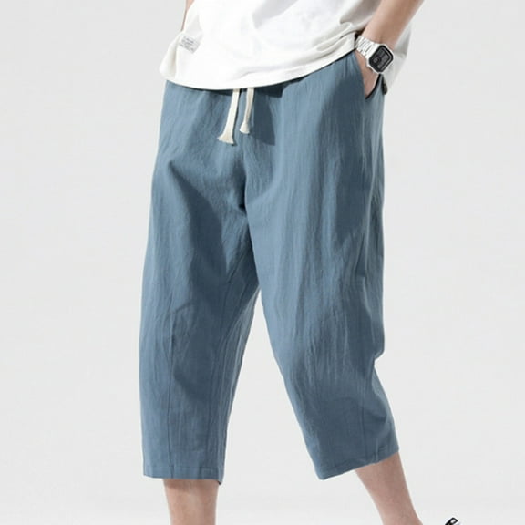 Fengqque Men's Linen-cotton Capri Pants Casual Lightweight 3/4 Pants Elastic Waist Drawstring Beach Yoga Pants with Pockets Light Blue XXXL