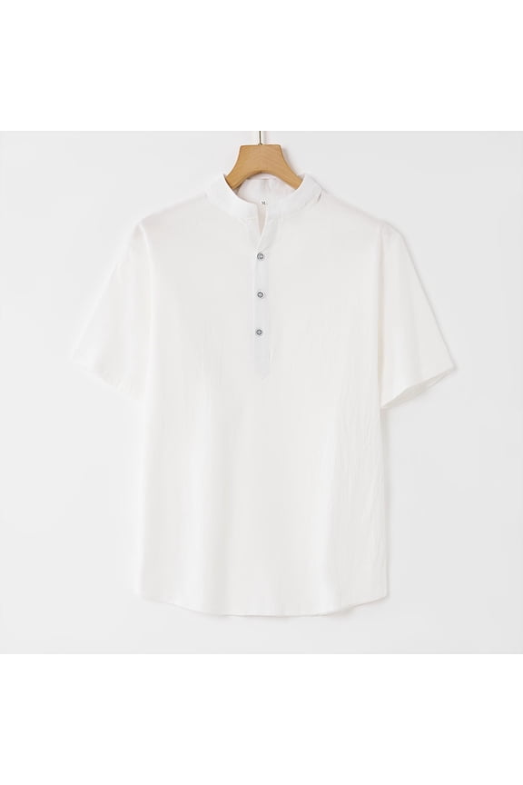 Men's Linen-cotton Short Sleeve Stand up Collar Half Button Solid Color Casual Breathable Shirt White XXXL(XXXL)