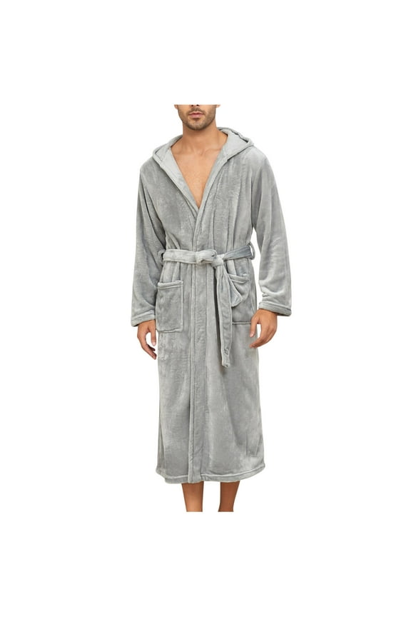 Men's Long Sleeve Hooded Robe House Bathrobe Full Length Tie Pocket Winter Bath Hot Tub Home Wear Gray 6(L)