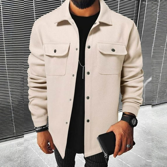 Fengqque Men's Long Sleeve Lapel Jackets Cardigan Overcoat Lightweight Casual Coat with Flap Pockets Beige M(M)