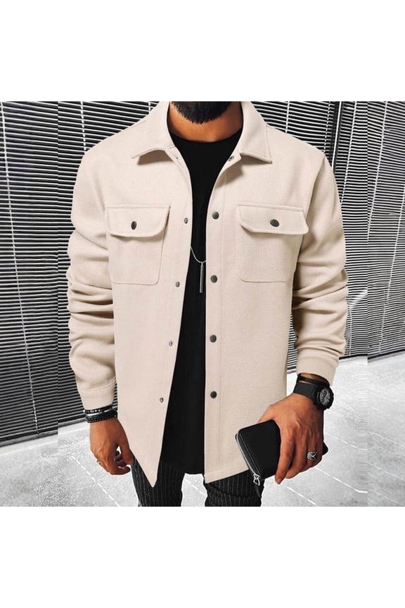 Men's Long Sleeve Lapel Jackets Cardigan Overcoat Lightweight Casual Coat with Flap Pockets Beige XXL(XXL)