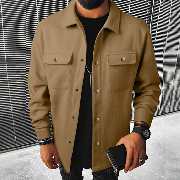 Fengqque Men's Long Sleeve Lapel Jackets Cardigan Overcoat Lightweight Casual Coat with Flap Pockets Khaki L(L)