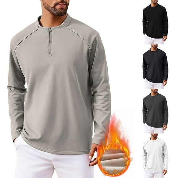 Fengqque Men’s Long Sleeve Round Neck Quarter Zipper Shirt Casual Slim Fit Shirts Plus Velvet Tops White XL(XL)