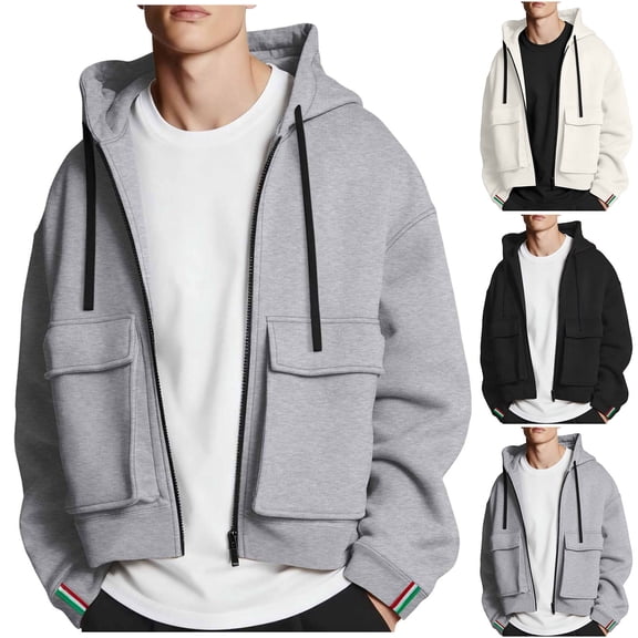 Fengqque Men's Long Sleeved Drawstring Hoodie Jackets Full Zipper with Pockets Plus Plush Coat White XL(XL)