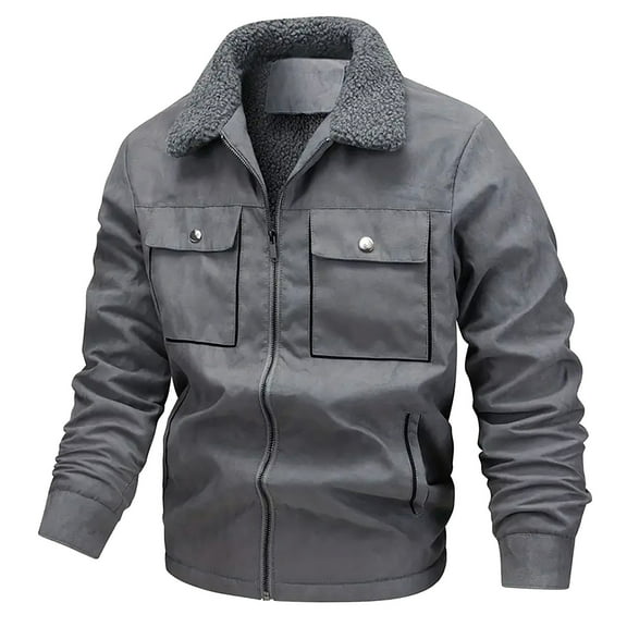 Fengqque Men's Long Sleeved Lapel Suede Lambskin Zipper Jacket Long Sleeved Comfortable Casual Jacket Gray L(L)