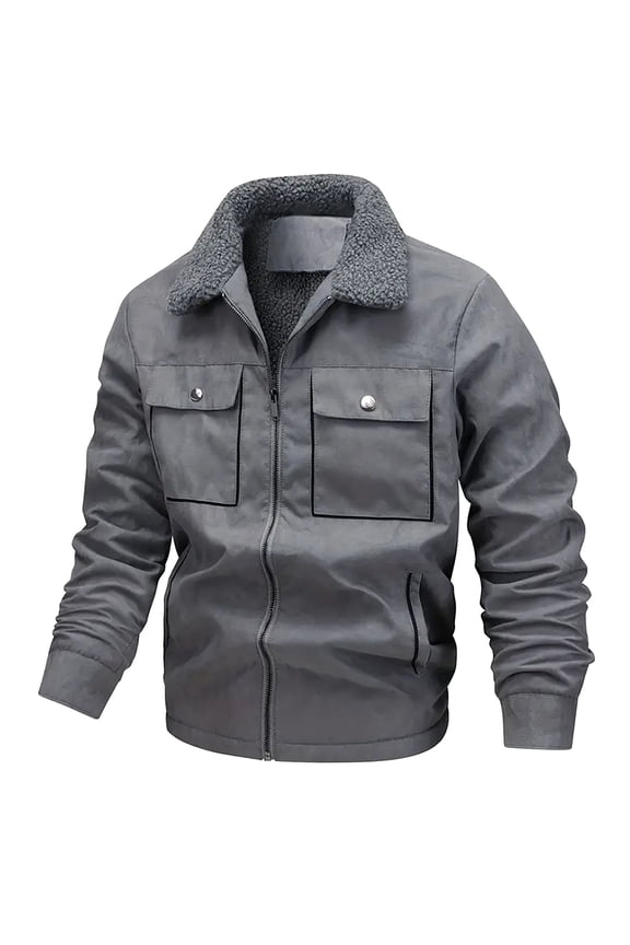 Men's Long Sleeved Lapel Suede Lambskin Zipper Jacket Long Sleeved Comfortable Casual Jacket Gray XXL(XXL)