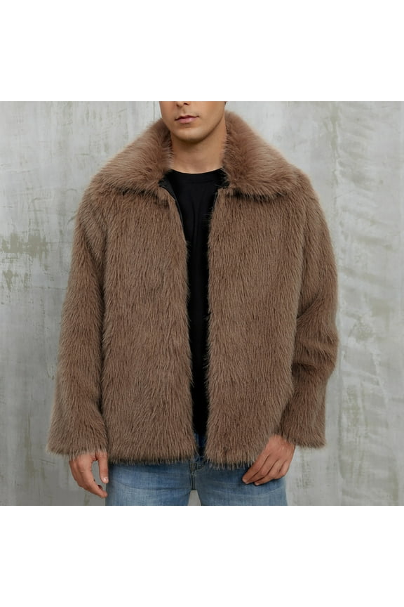Men's Long Sleeved Lapel Warm Faux Coat Winter Faux Mink Coat Fluffy Thick Trench Coat Brown L(L)