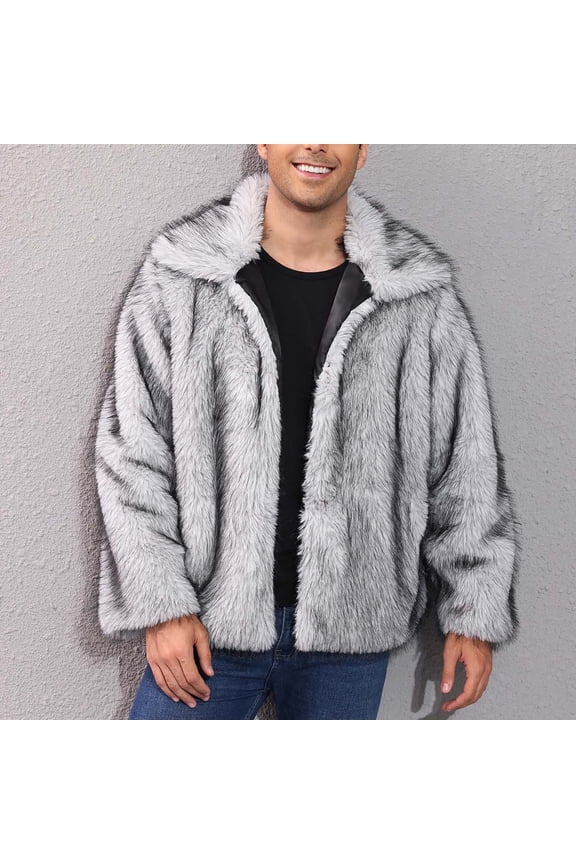 Men's Long Sleeved Lapel Warm Faux Coat Winter Faux Mink Coat Fluffy Thick Trench Coat Gray L(L)