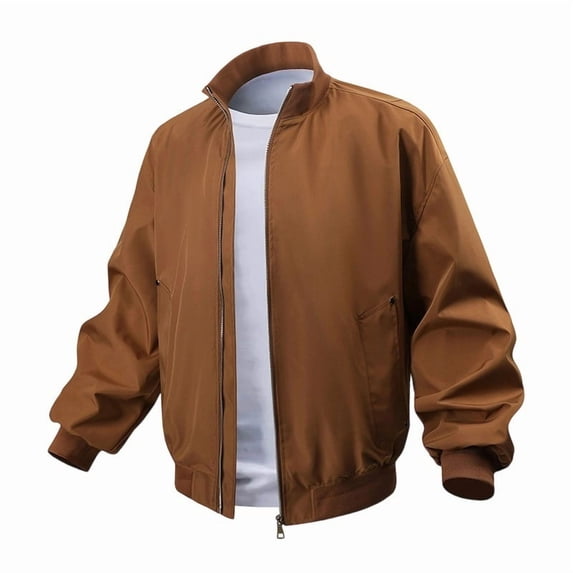 Fengqque Men's Long Sleeved Stand Collar Lightweight Jackets Casual Windbreaker Stylish Light Fall Spring Golf Work Dress Business Coffee XL(XL)