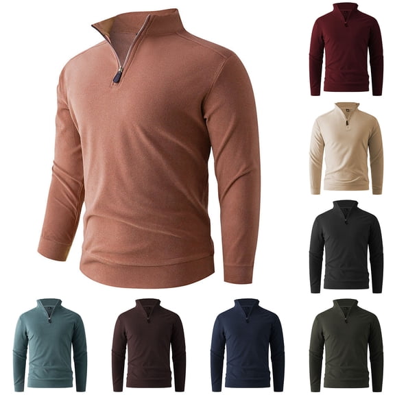 Fengqque Men's Long Sleeved Stand Collar Quarter Zipper Slim Fit Pullover Sweater Casual Sweatshirt Watermelon Red XS