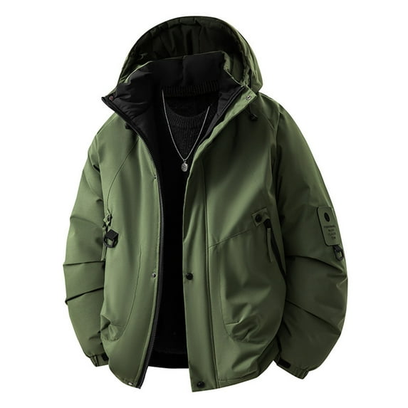 Fengqque Men's Long Sleeved Thick Hooded Softshell Jacket Lightweight Waterproof Windbreaker Rain Jacket Winter Outdoor Hiking Army Green M(M)