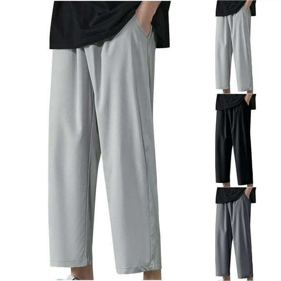 Fengqque Men's Loose Straight Leg Cropped Pants Lightweight Breathable Elastic Waist Wide-leg Pants Gray 10(XL)