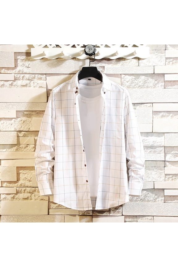 Men's Loose and Comfortable Lapel Plaid Stripe Button Up Shirt Beach Long Sleeves Shirt White XXL(XXL)