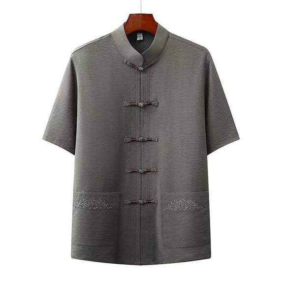 Fengqque Men's Loose and Comfortable Short Sleeve Stand Up Collar Fashion Summer Solid Color Casual Top Army Green S(S)