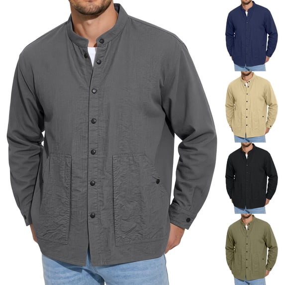 Fengqque Men's Mandarin Collar Button Down Shirt Jacket Long Sleeve Casual Overshirt with Pockets Navy XL
