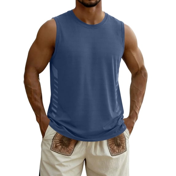 Fengqque Men's Muscle Sleeveless Tank Tops Plus Size Round Neck T Shirts Athletic Workout Loose Fit Tee Blue XL(XL)
