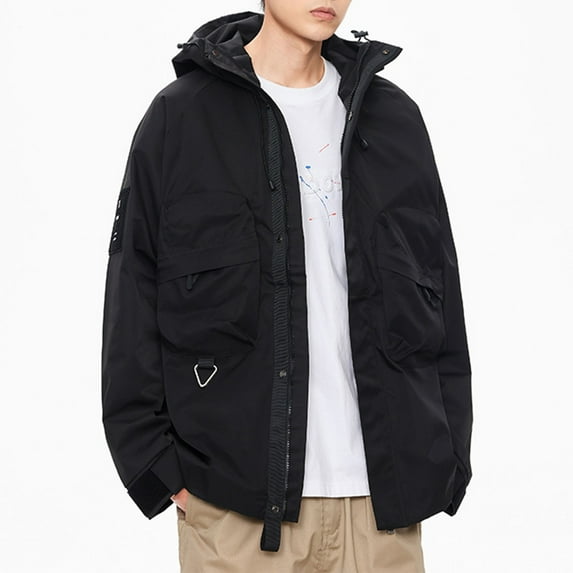 Fengqque Men's Outdoor Waterproof Jacket Lightweight Windproof Rainproof Outdoor Jacket Sports Windbreaker Casual Solid Multi Pocket Hooded Zipper Keep Warm Long Sleeve