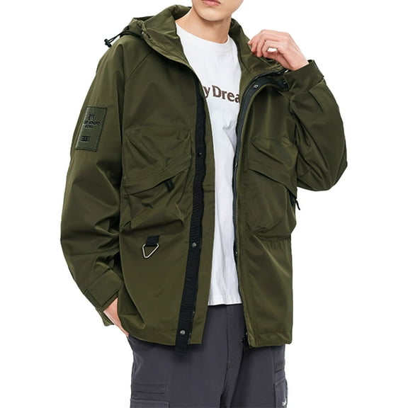 Fengqque Men's Outdoor Waterproof Jacket Lightweight Windproof Rainproof Outdoor Jacket Sports Windbreaker Casual Solid Multi Pocket Hooded Zipper Keep Warm Long Sleeve
