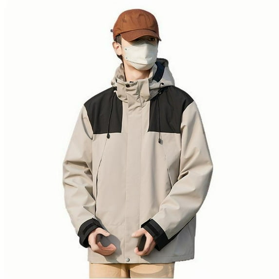 Fengqque Men's Outdoor Waterproof Jacket Lightweight Windproof Rainproof Outdoor Jacket Sports Windbreaker Color Match Water Resistance Drawstring Pockets Hooded Outdoor Jacket Coat
