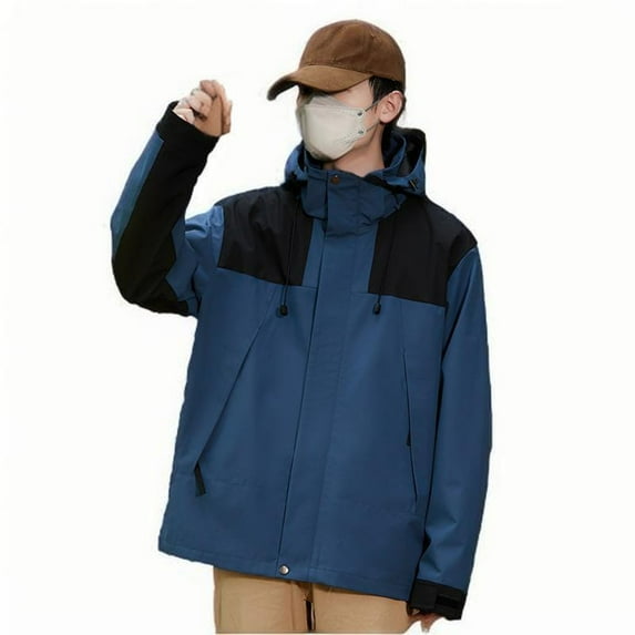 Fengqque Men's Outdoor Waterproof Jacket Lightweight Windproof Rainproof Outdoor Jacket Sports Windbreaker Color Match Water Resistance Drawstring Pockets Hooded Outdoor Jacket Coat