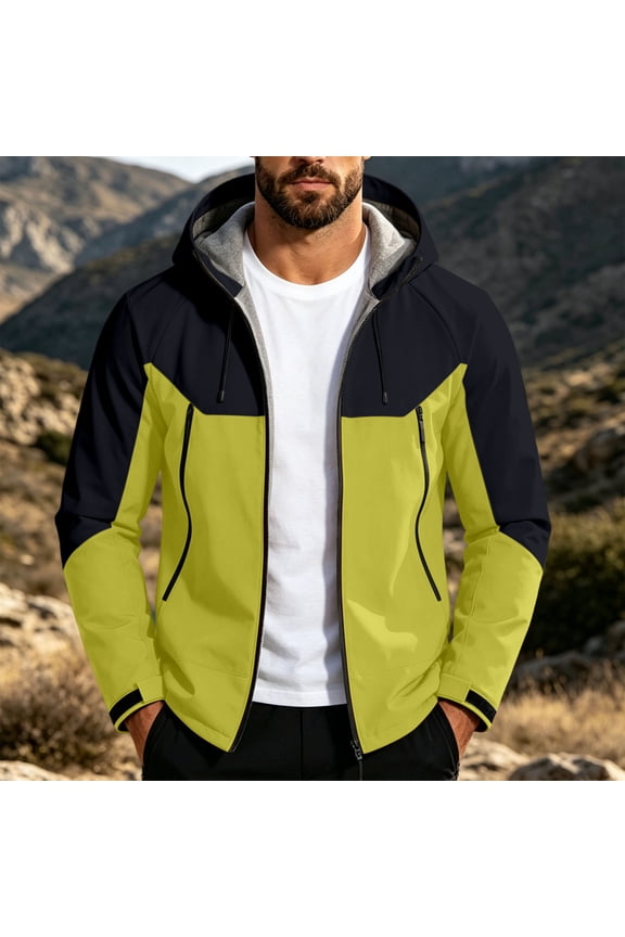Men’s Outdoor Windproof Color Block Zip Up Jackets Camping Hiking Travel Dstring Hood Long Sleeve Outerwear Tops Yellow M