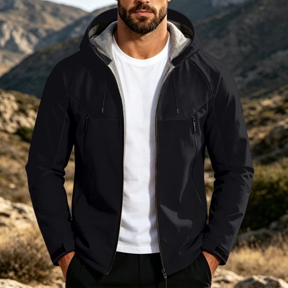 Fengqque Men’s Outdoor Windproof Full Zip Hooded Jackets Dstring Hood Adjustable Cuff Long Sleeve Outerwear Tops Black XXXL