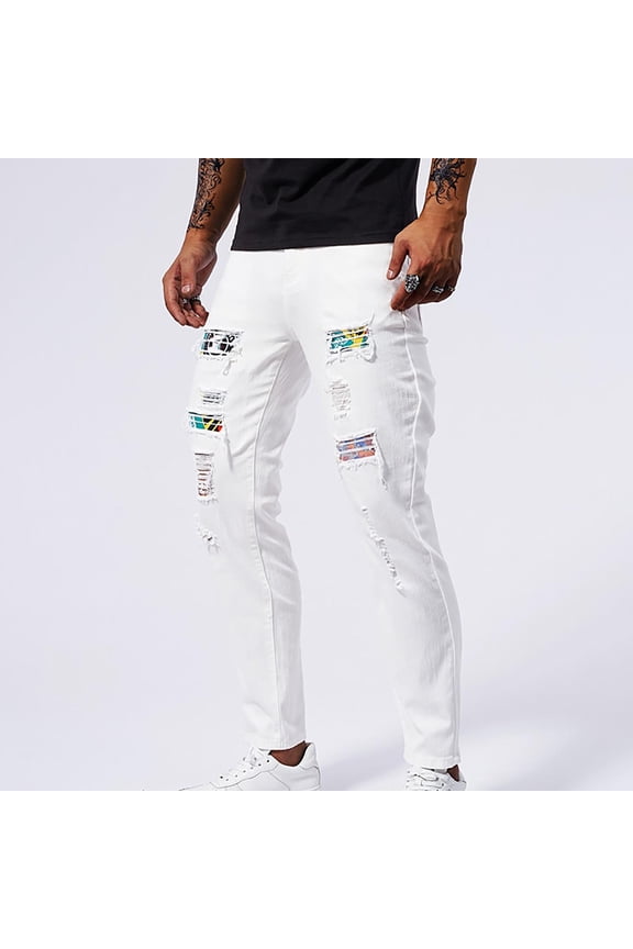 Men's Patch Jean Trousers Ripped Slim Jeans Stretch Straight Tight-fitting Moto Denim Pants White 32(32)