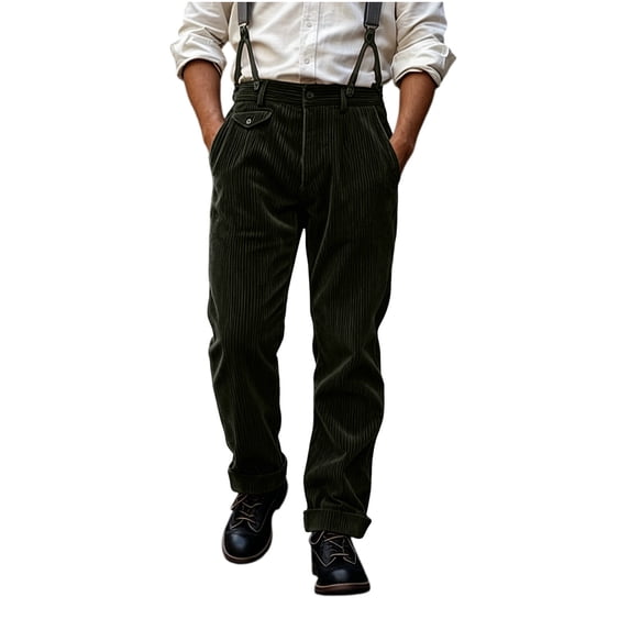 Fengqque Men's Pinstripe Straight‑Leg Suit Trousers Button Zipper Fly Casual Pants with Pockets Army Green 2XL